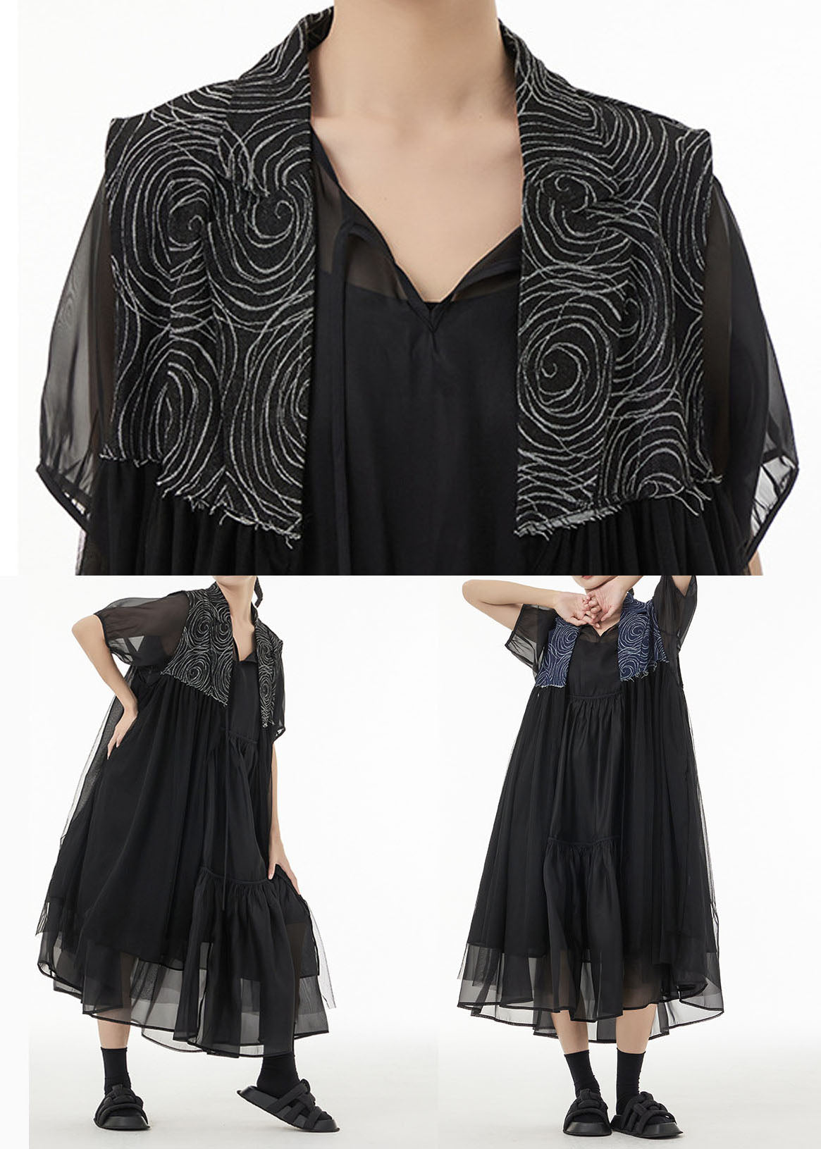 Black Patchwork Chiffon Long Cardigan Peter Pan Collar Sleeveless TS1035 - fabuloryshop