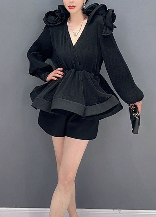 Black Patchwork Chiffon Shirt Tops Wrinkled Tunic Spring LC0345 - fabuloryshop