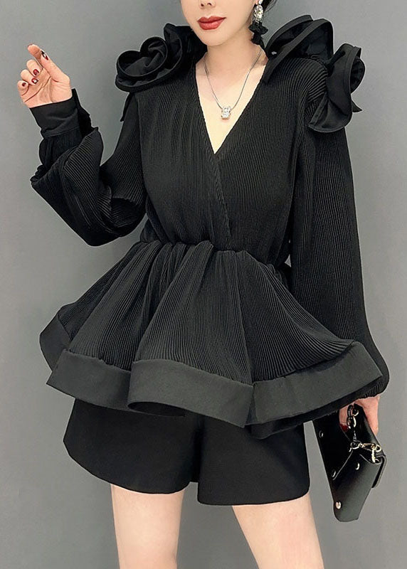 Black Patchwork Chiffon Shirt Tops Wrinkled Tunic Spring LC0345 - fabuloryshop