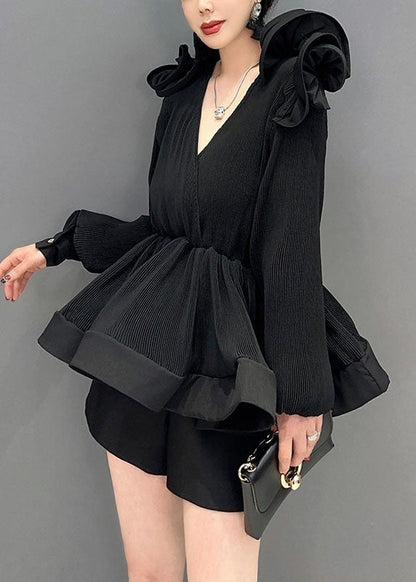 Black Patchwork Chiffon Shirt Tops Wrinkled Tunic Spring LC0345 - fabuloryshop