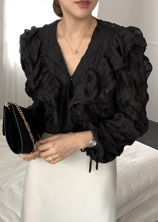 Black Patchwork Chiffon Shirts Tops Ruffled V Neck Spring LY2576 - fabuloryshop