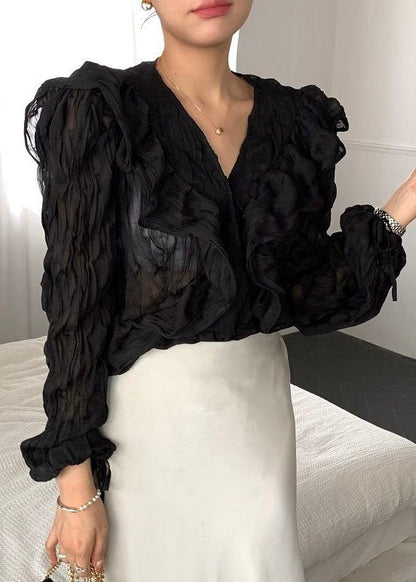 Black Patchwork Chiffon Shirts Tops Ruffled V Neck Spring LY2576 - fabuloryshop