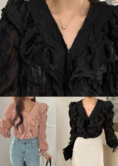 Black Patchwork Chiffon Shirts Tops Ruffled V Neck Spring LY2576 - fabuloryshop