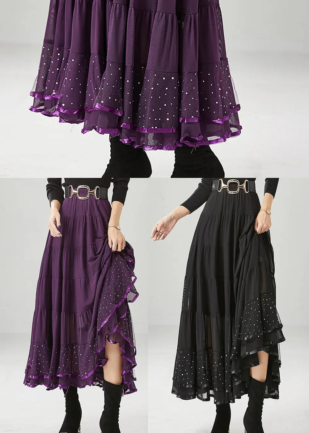 Black Patchwork Chiffon Skirts Exra Large Hem Wrinkled Fall Ada Fashion