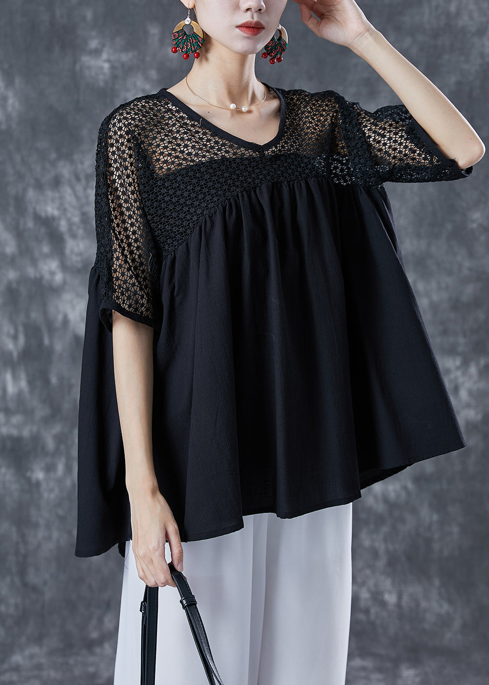 Black Patchwork Cotton Blouse Tops Hollow Out Summer LY4996 - fabuloryshop