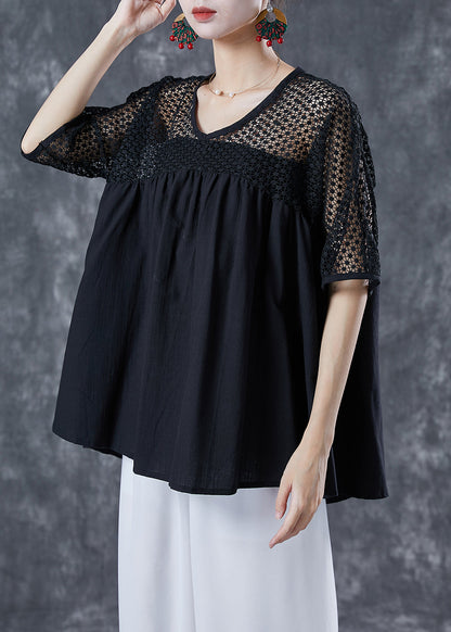 Black Patchwork Cotton Blouse Tops Hollow Out Summer LY4996 - fabuloryshop