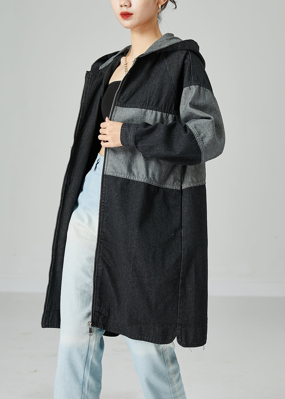 Black Patchwork Cotton Denim Trench Coat Hooded Oversized Spring LY2457 - fabuloryshop