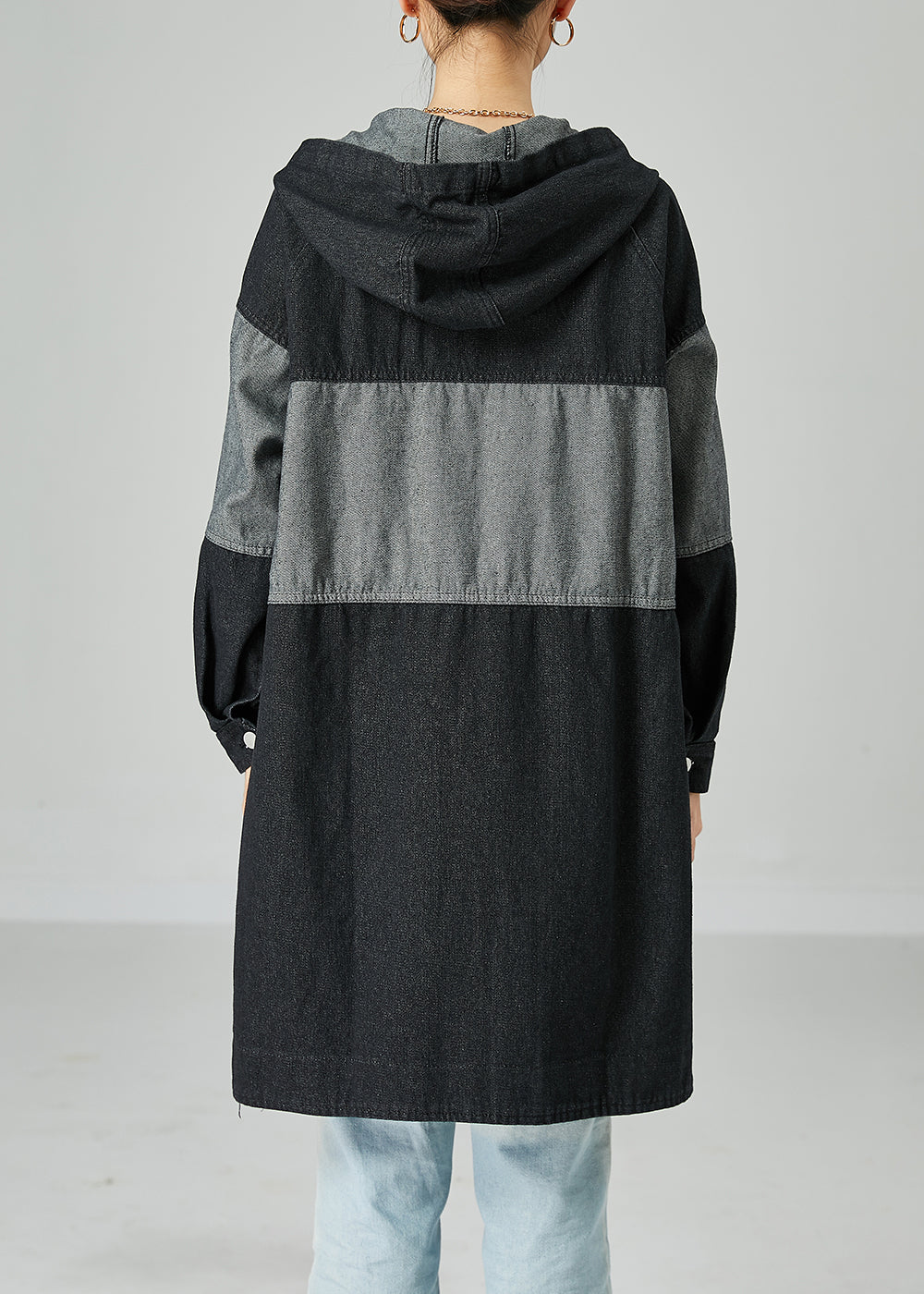 Black Patchwork Cotton Denim Trench Coat Hooded Oversized Spring LY2457 - fabuloryshop