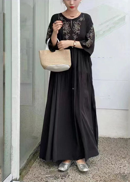 Black Patchwork Cotton Dress O Neck Wrinkled Summer LY1309 - fabuloryshop