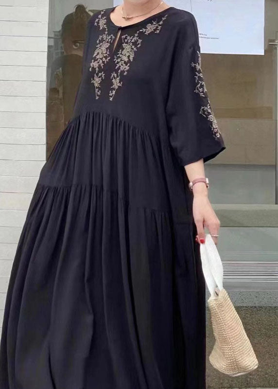 Black Patchwork Cotton Dress O Neck Wrinkled Summer LY1309 - fabuloryshop