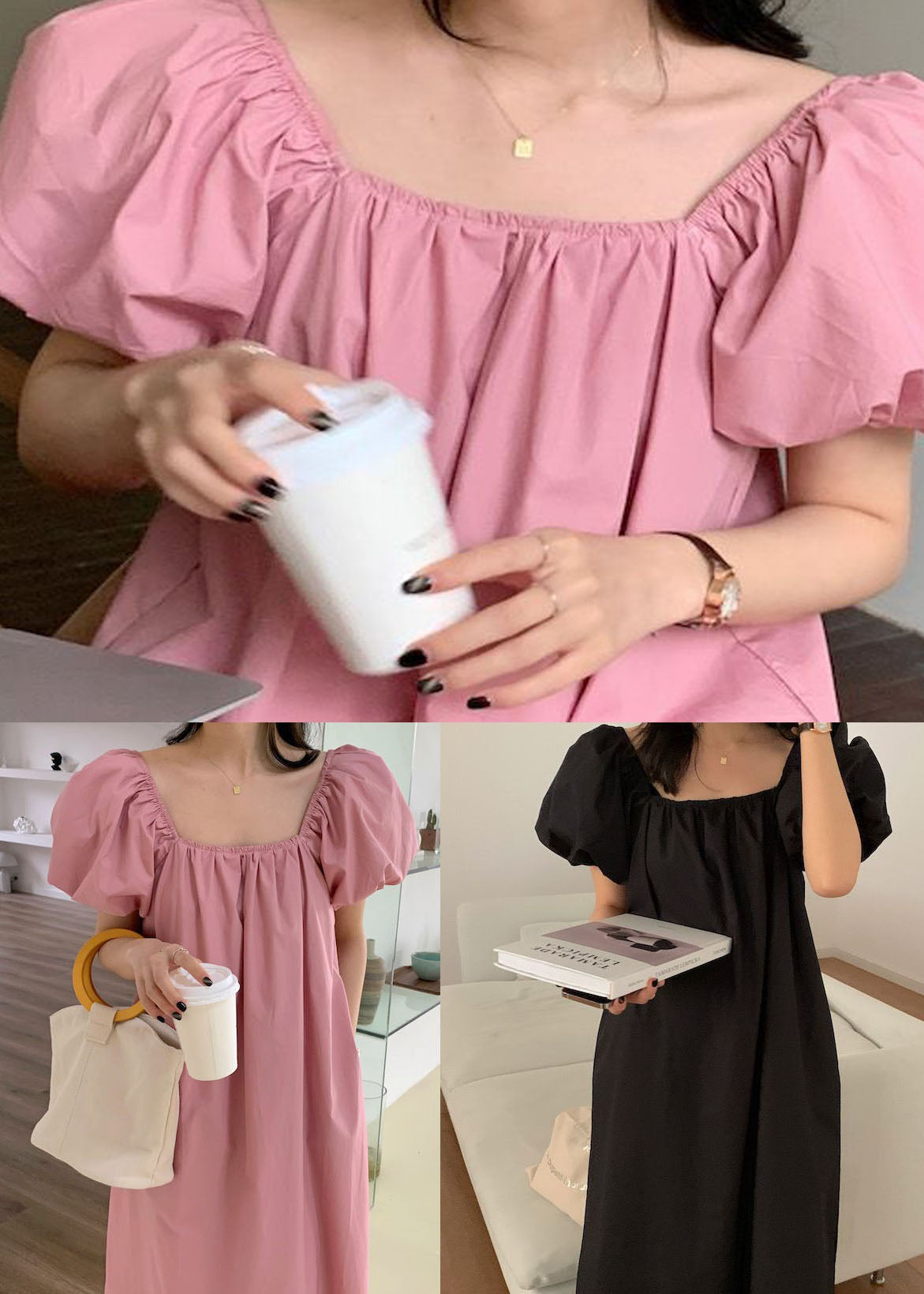 Black Patchwork Cotton Dress Wrinkled Square Collar Puff Sleeve LY2633 - fabuloryshop