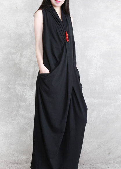 Black Patchwork Cotton Dresses Asymmetrical Wrinkled Sleeveless LY5168 - fabuloryshop