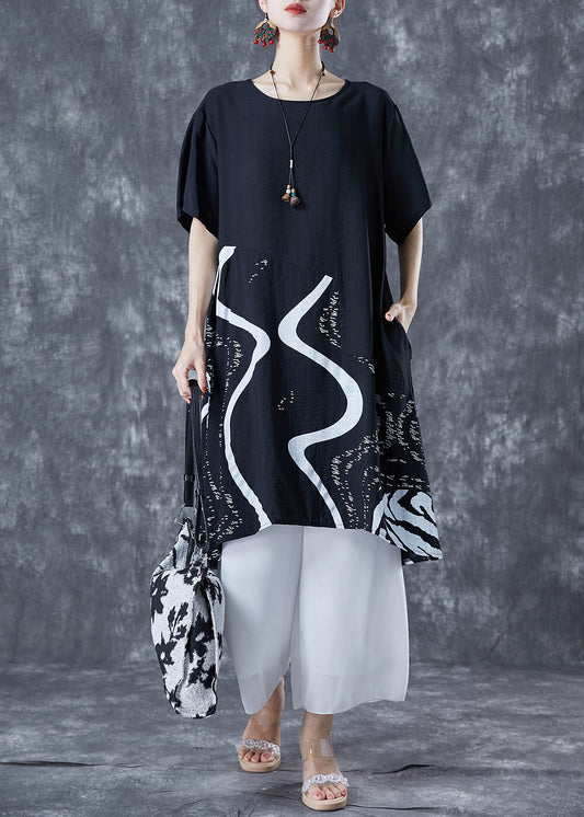 Black Patchwork Cotton Holiday Dress Oversized Print Summer LY5603 - fabuloryshop