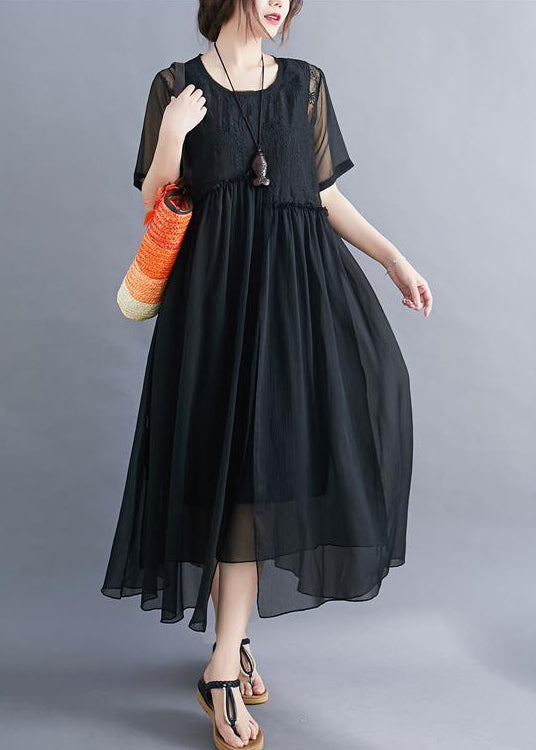 Black Patchwork Cotton Long Dress Embroideried Wrinkled Summer LY0528 - fabuloryshop