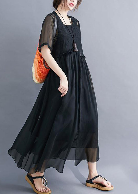 Black Patchwork Cotton Long Dress Embroideried Wrinkled Summer LY0528 - fabuloryshop