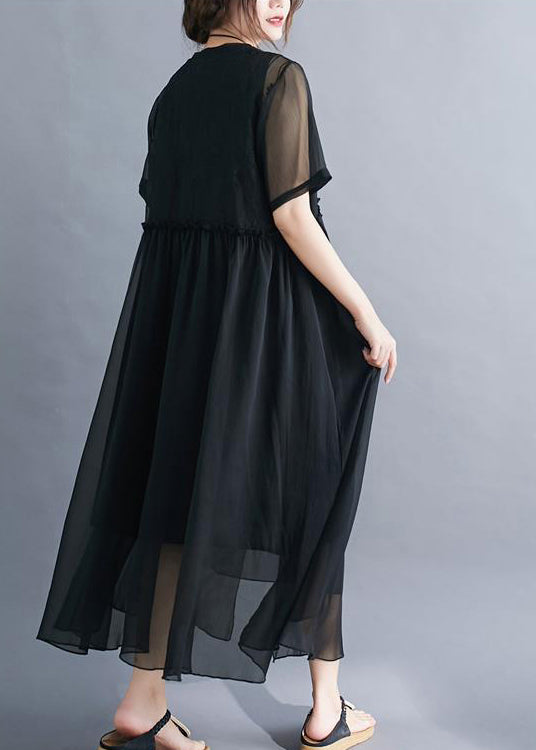 Black Patchwork Cotton Long Dress Embroideried Wrinkled Summer LY0528