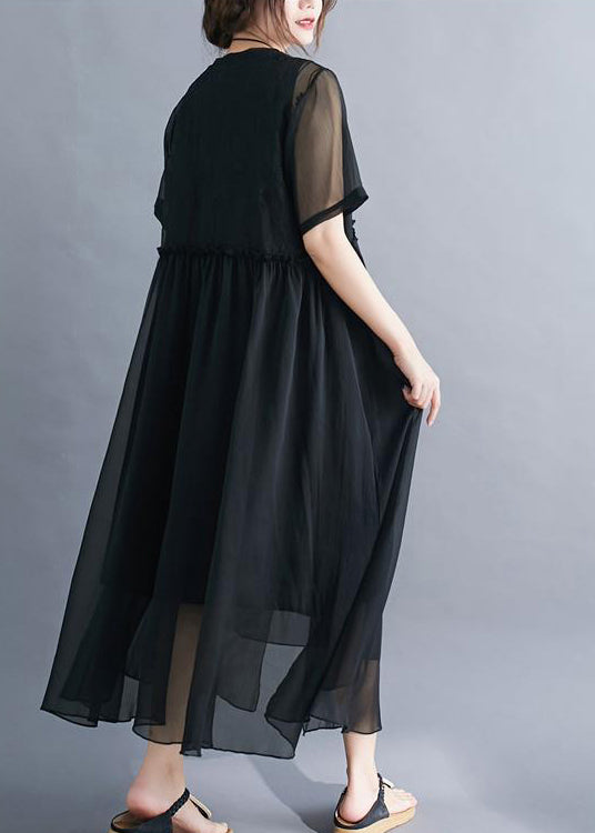 Black Patchwork Cotton Long Dress Embroideried Wrinkled Summer LY0528 - fabuloryshop