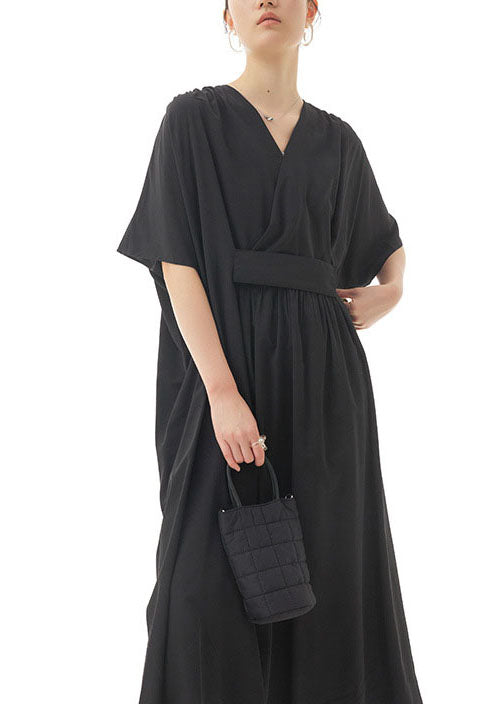 Black Patchwork Cotton Long Dresses V Neck Wrinkled Summer LY1150 - fabuloryshop