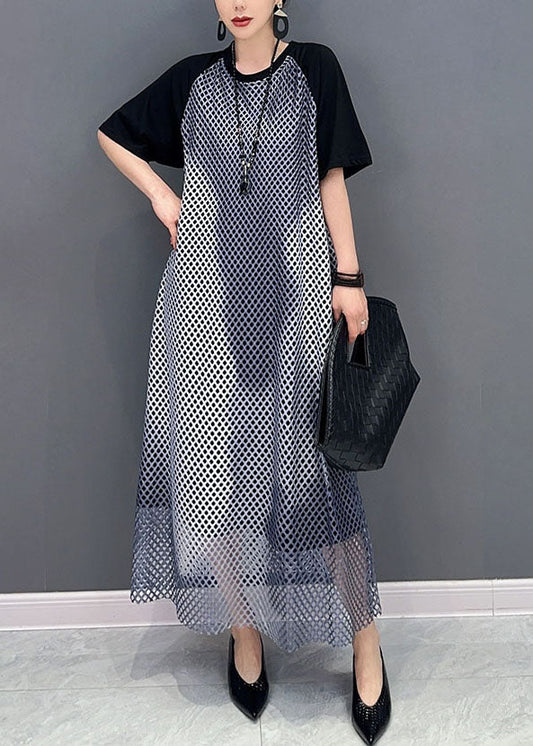Black Patchwork Cotton Maxi Dresses O Neck Sheer Mesh Short Sleeve LC0325 - fabuloryshop