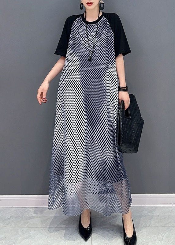 Black Patchwork Cotton Maxi Dresses O Neck Sheer Mesh Short Sleeve LC0325 - fabuloryshop