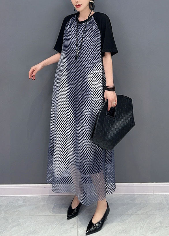 Black Patchwork Cotton Maxi Dresses O Neck Sheer Mesh Short Sleeve LC0325 - fabuloryshop