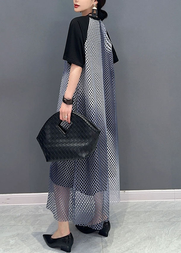 Black Patchwork Cotton Maxi Dresses O Neck Sheer Mesh Short Sleeve LC0325 - fabuloryshop