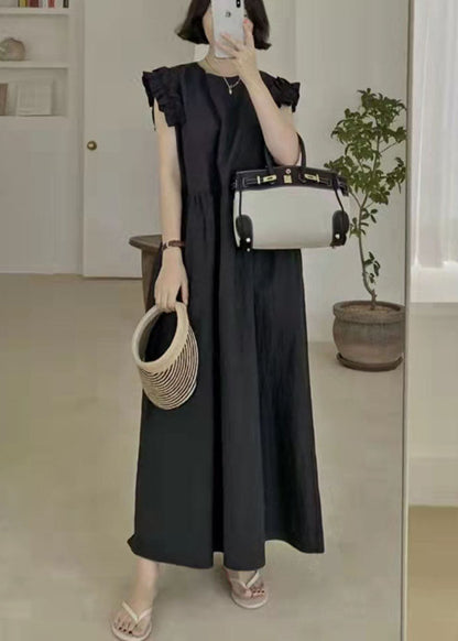 Black Patchwork Cotton Maxi Dresses Ruffled Summer LY2122 - fabuloryshop