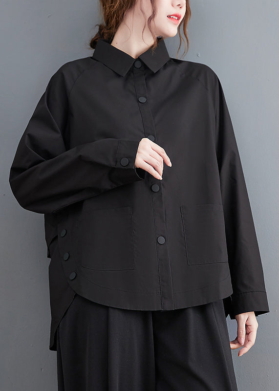 Black Patchwork Cotton Shirt Top Oversized Pockets Fall LY7343 - fabuloryshop
