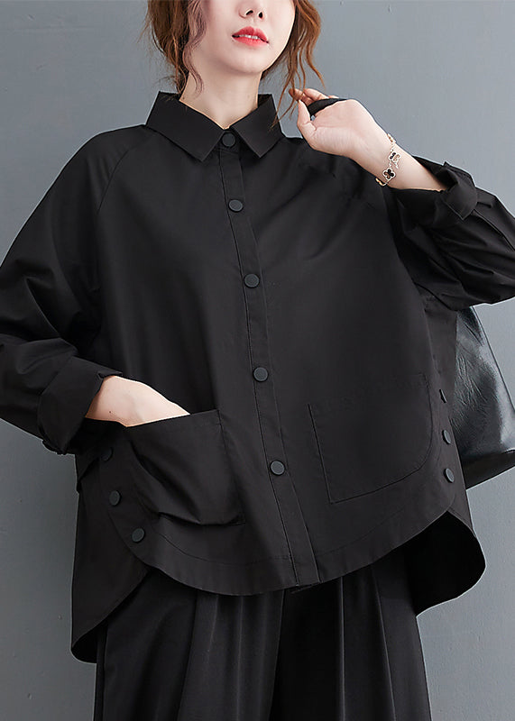 Black Patchwork Cotton Shirt Top Oversized Pockets Fall LY7343 - fabuloryshop