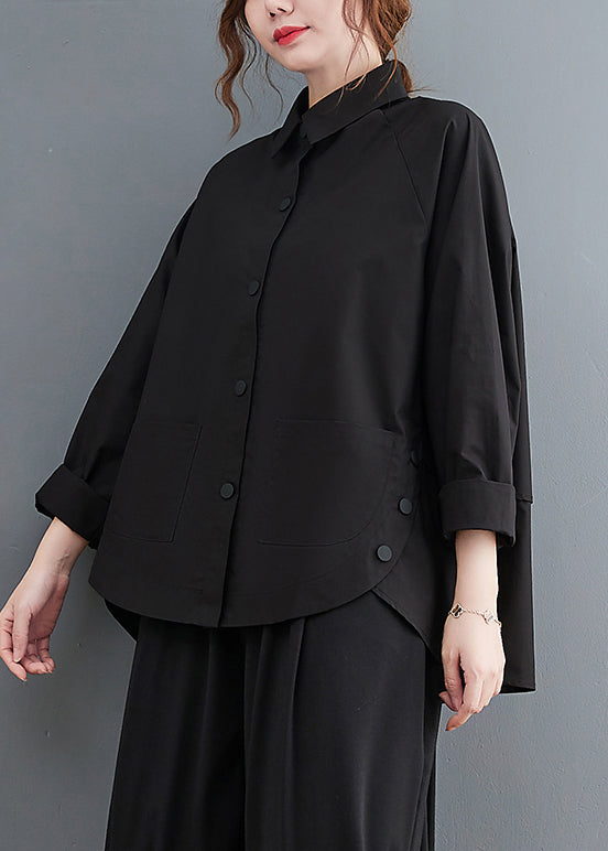 Black Patchwork Cotton Shirt Top Oversized Pockets Fall LY7343 - fabuloryshop