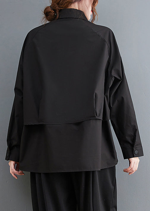 Black Patchwork Cotton Shirt Top Oversized Pockets Fall LY7343 - fabuloryshop
