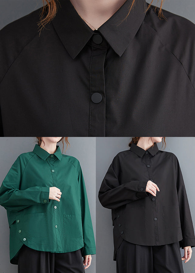 Black Patchwork Cotton Shirt Top Oversized Pockets Fall LY7343 - fabuloryshop