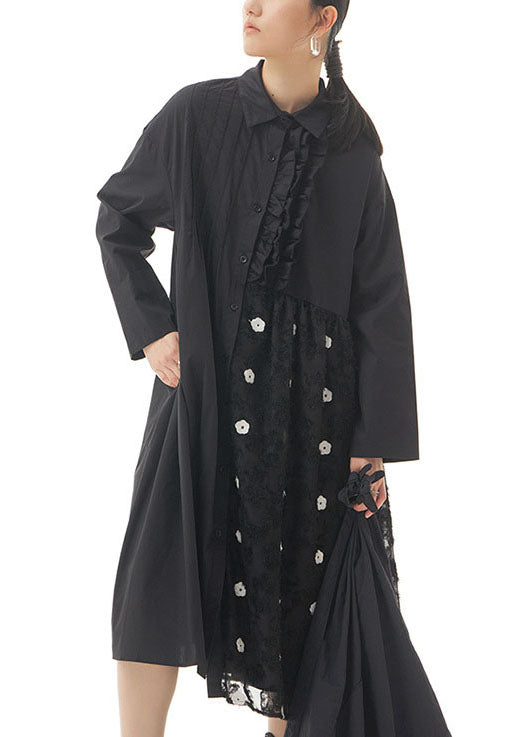 Black Patchwork Cotton Shirts Dresses Peter Pan Collar Spring LY1155 - fabuloryshop