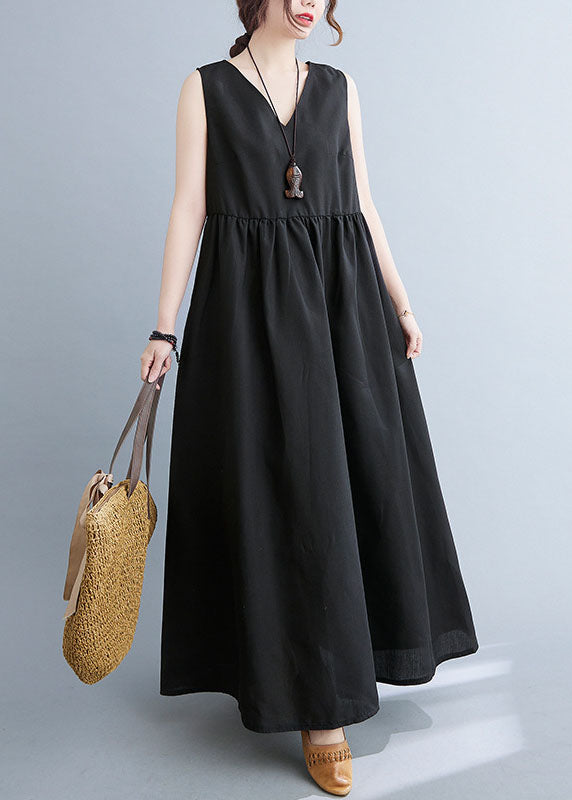 Black Patchwork Cotton Summer Dress Wrinkled V Neck Sleeveless LC0452 - fabuloryshop