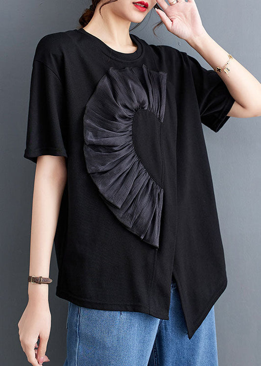 Black Patchwork Cotton T Shirt Tops Asymmetrical O Neck Summer LY5669 - fabuloryshop