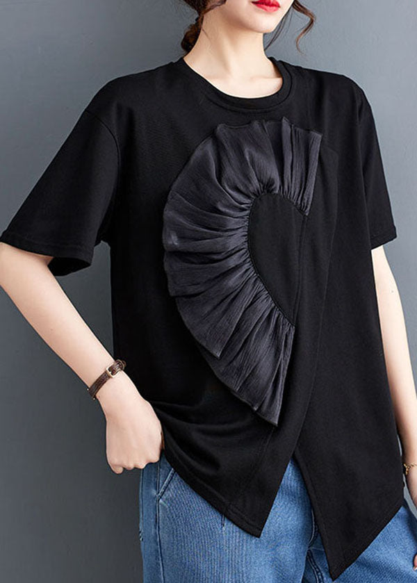 Black Patchwork Cotton T Shirt Tops Asymmetrical O Neck Summer LY5669 - fabuloryshop