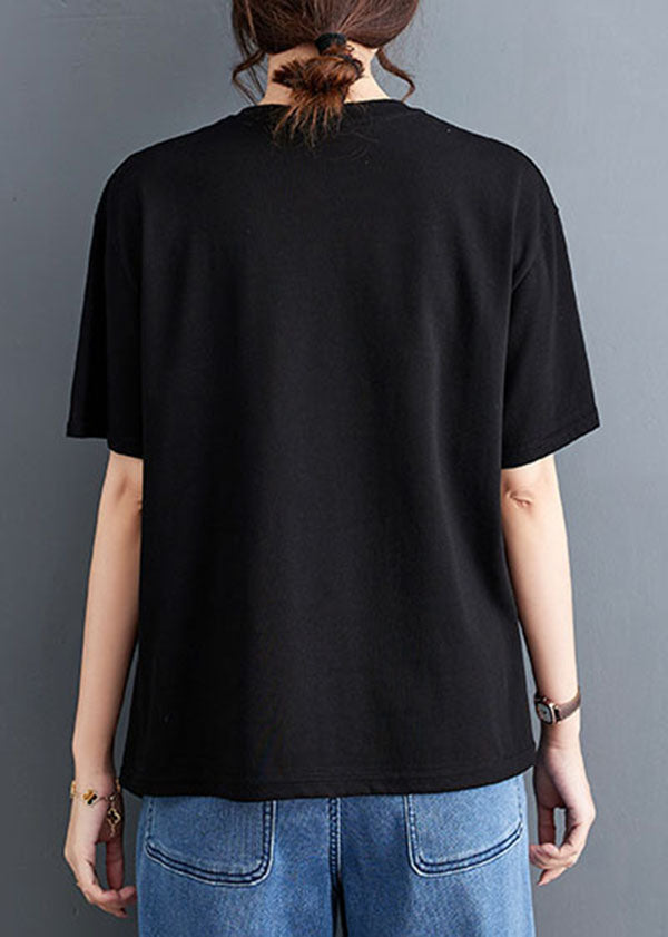 Black Patchwork Cotton T Shirt Tops Asymmetrical O Neck Summer LY5669 - fabuloryshop
