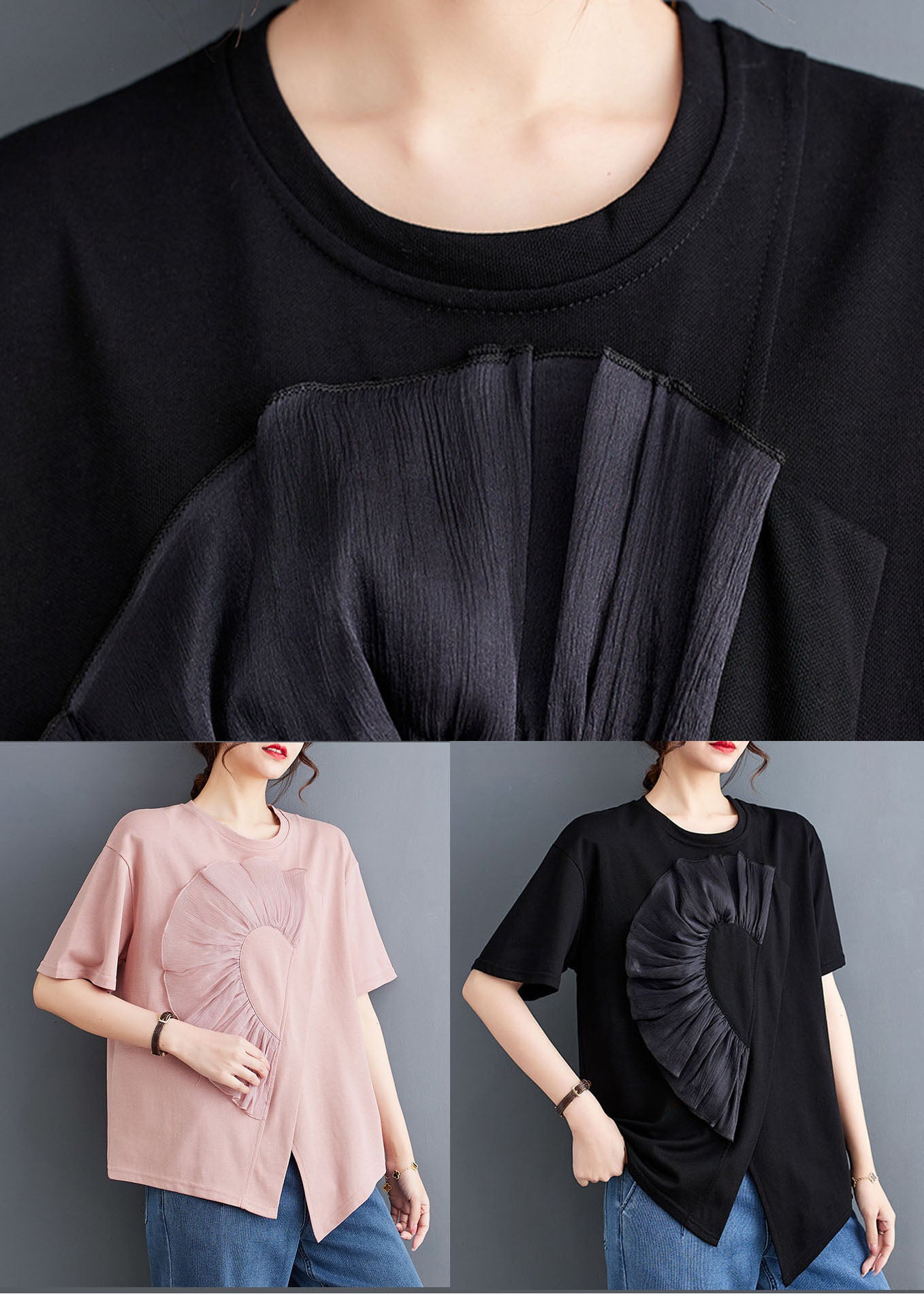 Black Patchwork Cotton T Shirt Tops Asymmetrical O Neck Summer LY5669 - fabuloryshop