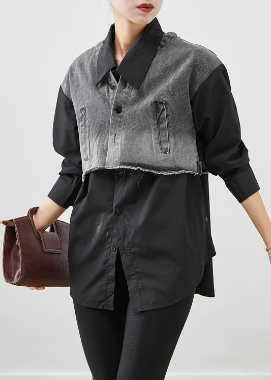 Black Patchwork Denim Cotton Shirt Tops Oversized Fall Ada Fashion
