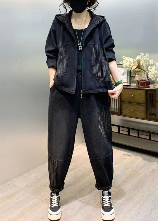 Black Patchwork Denim Two Piece Set Tops And Pants Fall Ada Fashion