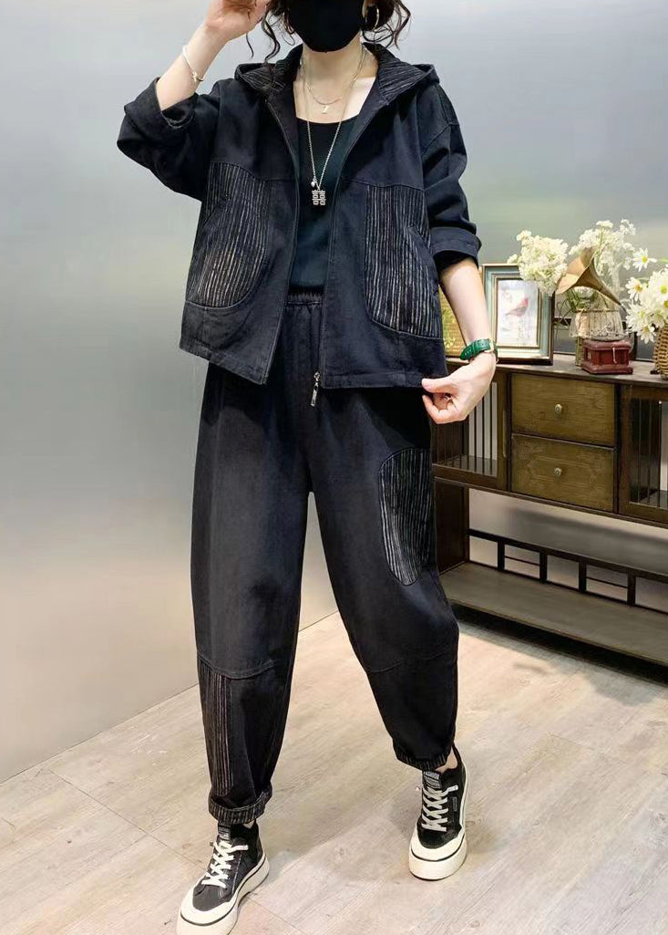 Black Patchwork Denim Two Piece Set Tops And Pants Fall Ada Fashion