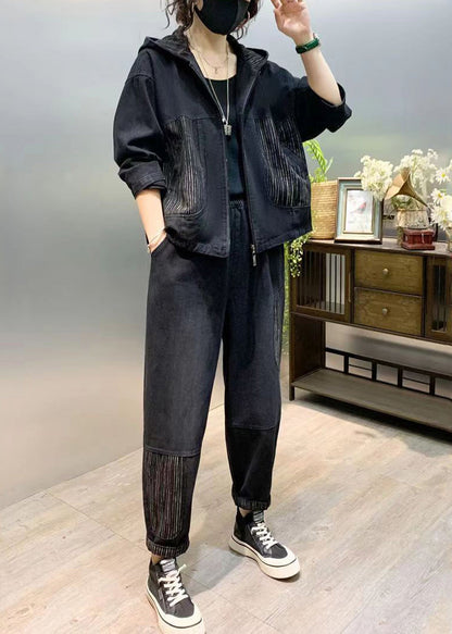 Black Patchwork Denim Two Piece Set Tops And Pants Fall Ada Fashion