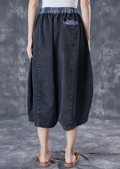 Black Patchwork Denim Wide Leg Pants Elastic Waist Summer LY4049 - fabuloryshop