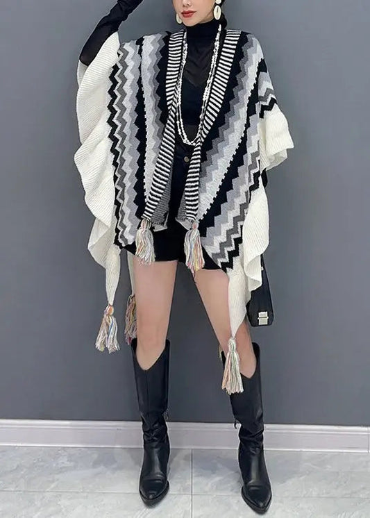 Black Patchwork Knit Loose Shawl Tasseled Ruffled Fall Ada Fashion