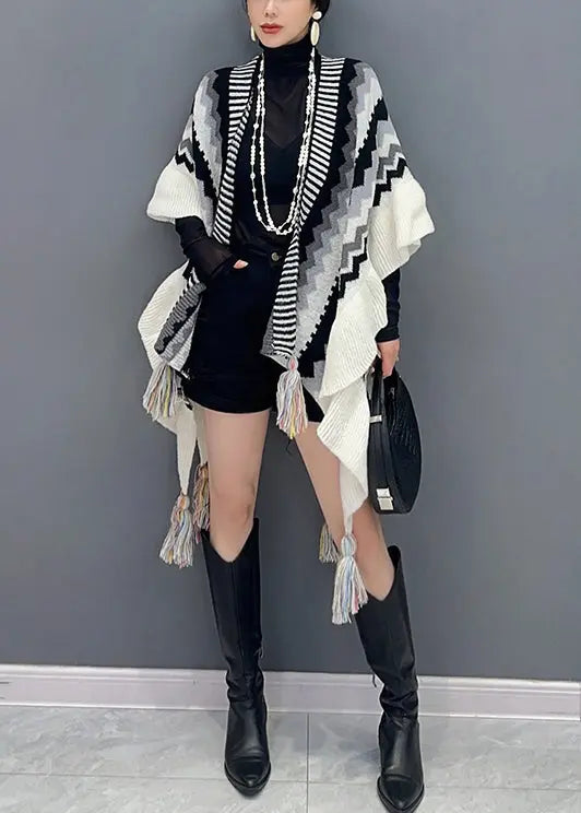 Black Patchwork Knit Loose Shawl Tasseled Ruffled Fall Ada Fashion