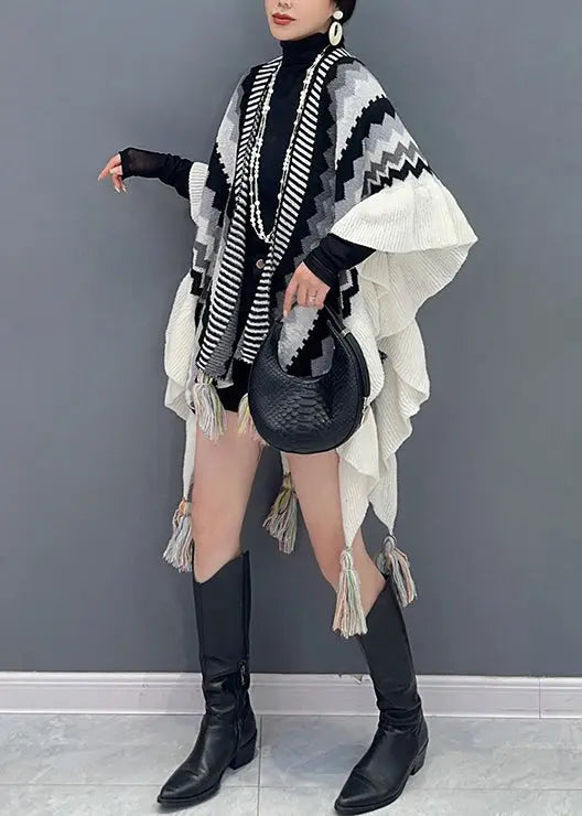 Black Patchwork Knit Loose Shawl Tasseled Ruffled Fall Ada Fashion