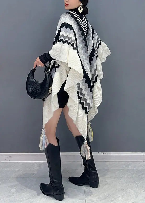 Black Patchwork Knit Loose Shawl Tasseled Ruffled Fall Ada Fashion