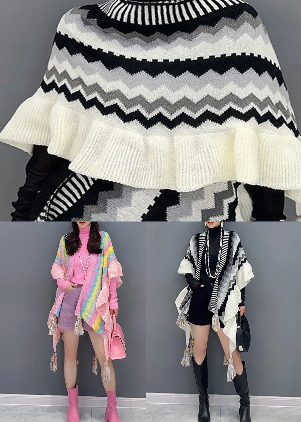 Black Patchwork Knit Loose Shawl Tasseled Ruffled Fall Ada Fashion