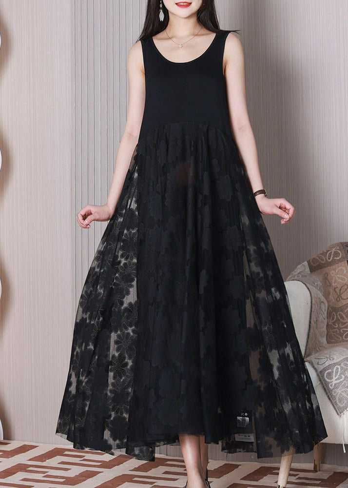 Black Patchwork Lace Vacation Dresses Exra Large Hem Summer LY3729 - fabuloryshop