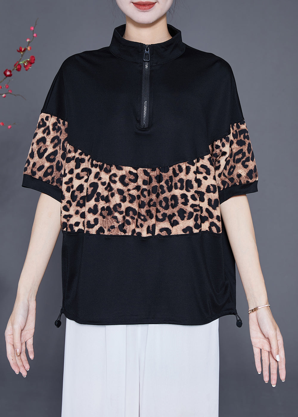 Black Patchwork Leopard Cotton Sweatshirts Top Drawstring Summer Ada Fashion